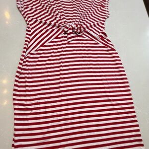 Liz Claiborne Red and White Striped Tee Dress, Tie Waist, Large